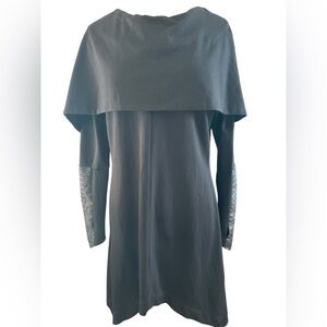 Adeptt Black draped neckline Asymmetrical Dress Unique Long Sleeve Detail XL